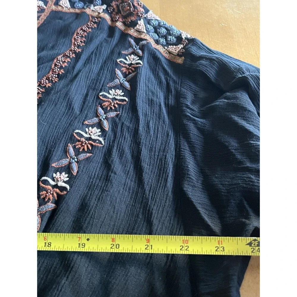 Free People Women's Beaded Embroidered Boho Peasant Top Black Sz XS Oversized